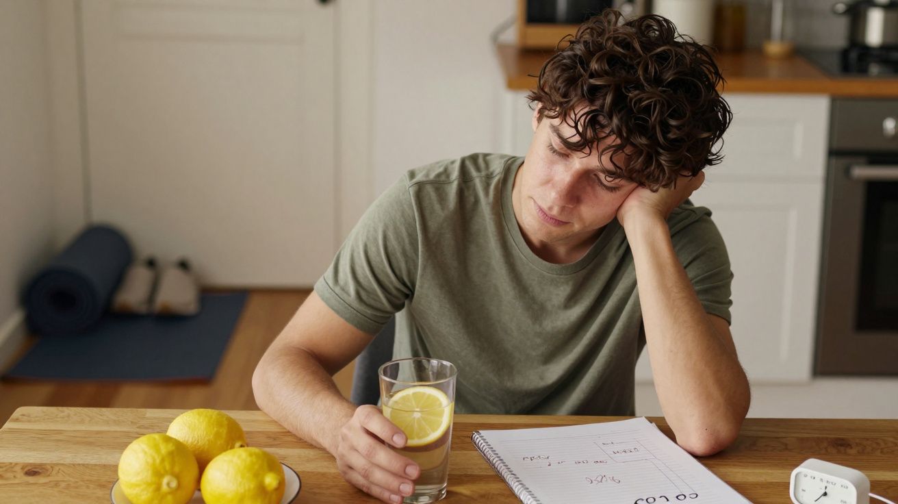 Homem pensativo à mesa com limões, olhando um copo de água com limão, bloco de notas e cronómetro ao lado.