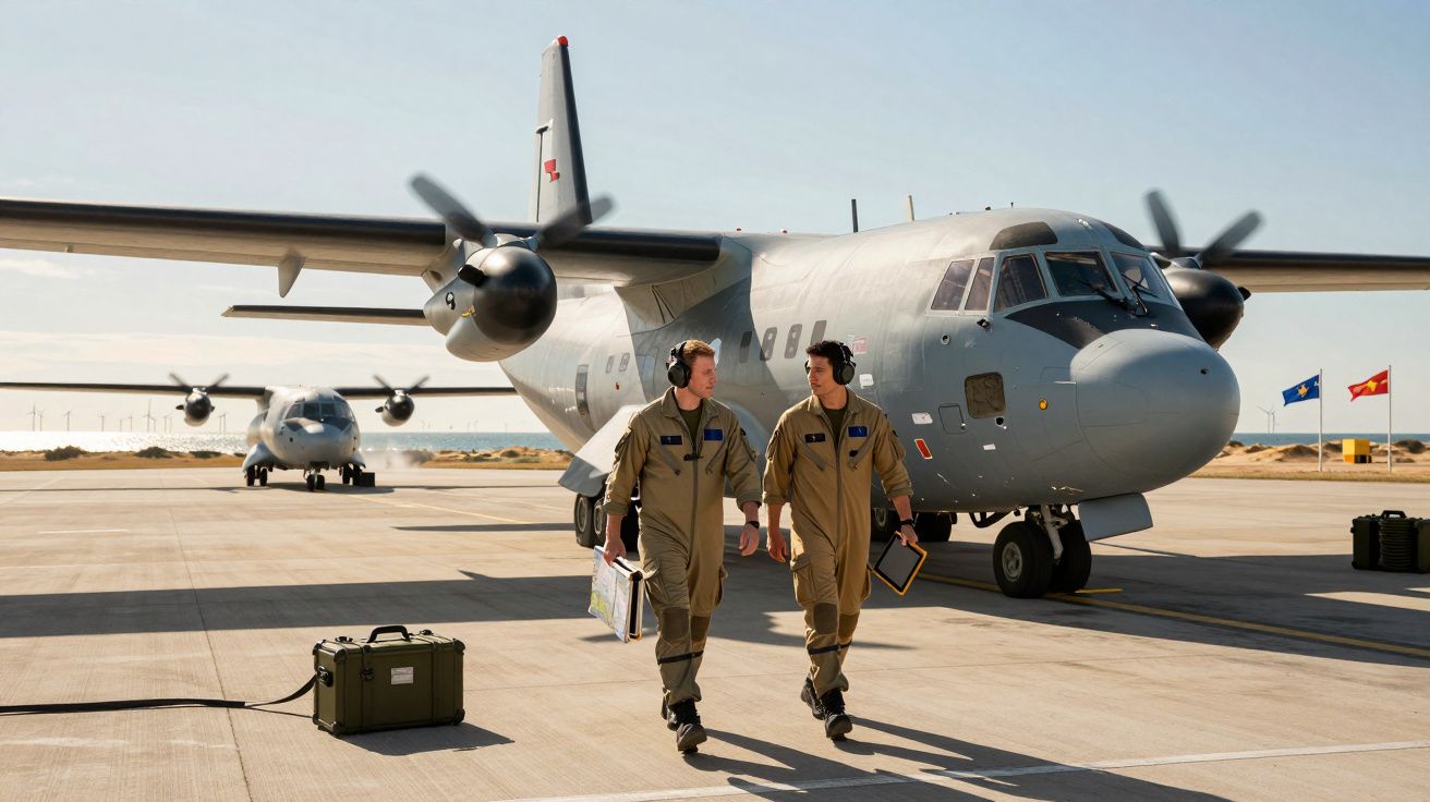 Dois pilotos conversam à frente de um avião militar cinzento numa base aérea, com outro avião ao fundo e bandeiras ao lado.