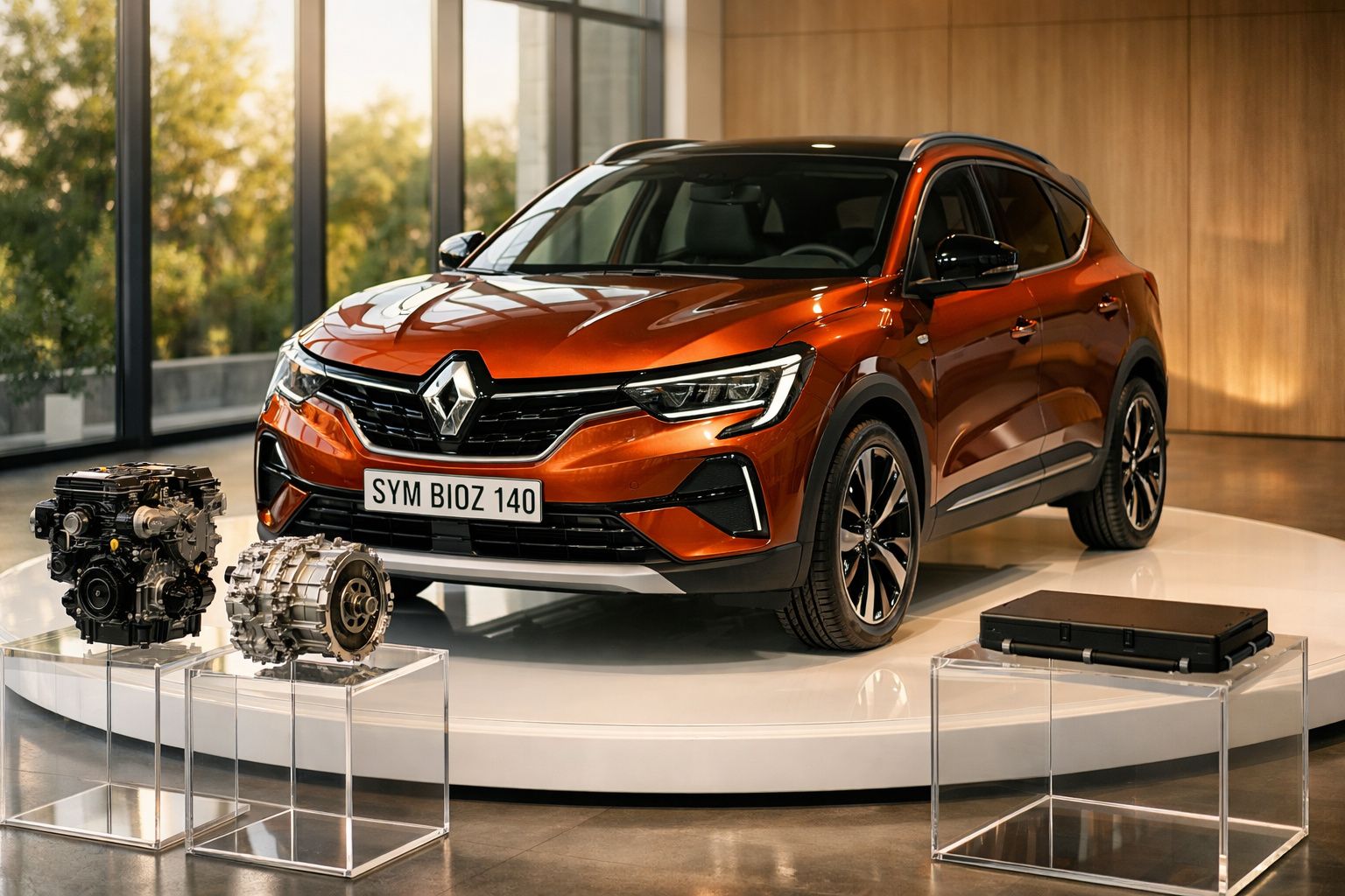 SUV Renault laranja em exposição interna, com componentes mecânicos ao lado em suportes de vidro.