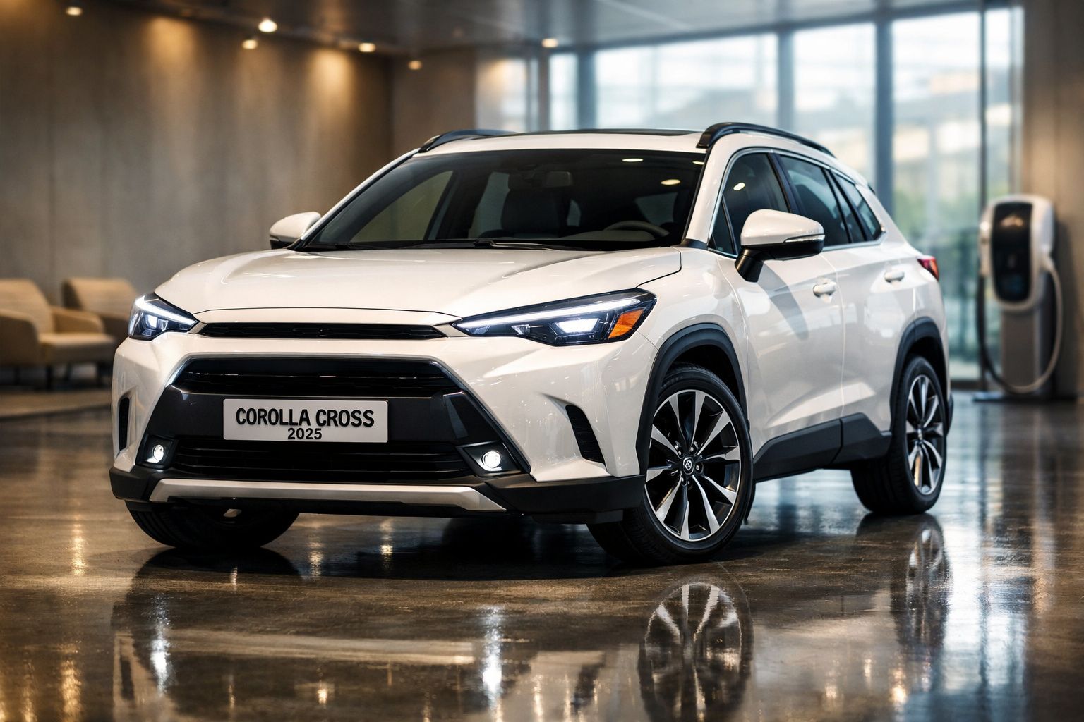 SUV branco, Toyota Corolla Cross 2025, em exposição iluminada com carregador elétrico ao lado.