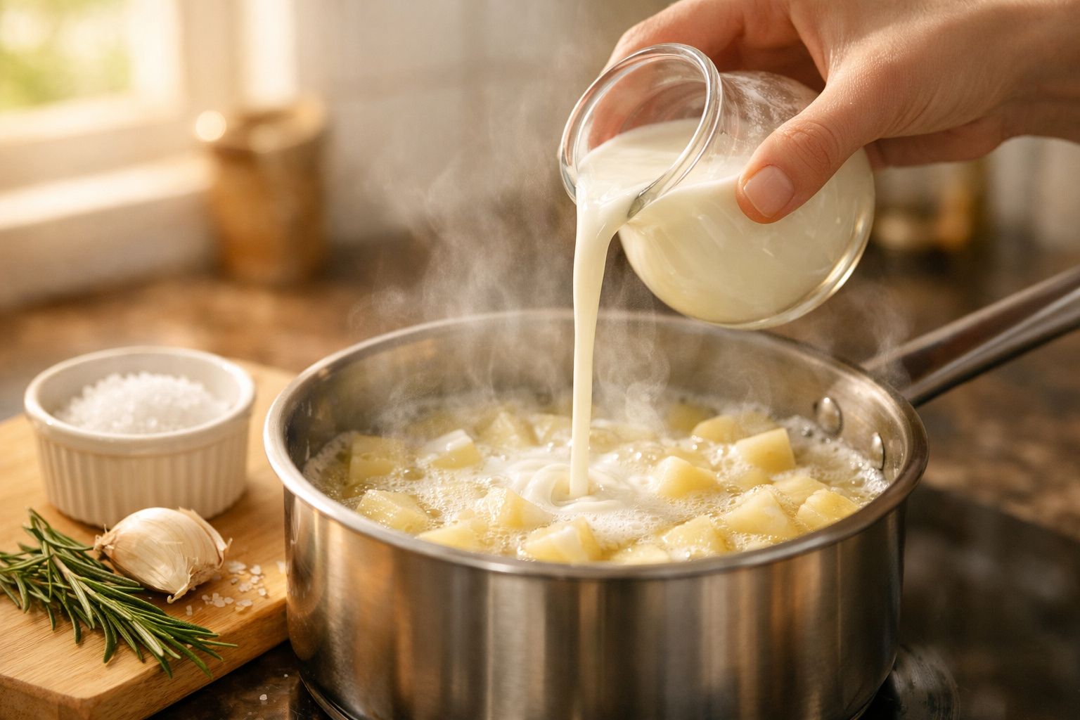 Mão vertendo leite em uma panela com batatas cozidas ao lado de sal, alho e alecrim em um tabuleiro de madeira.