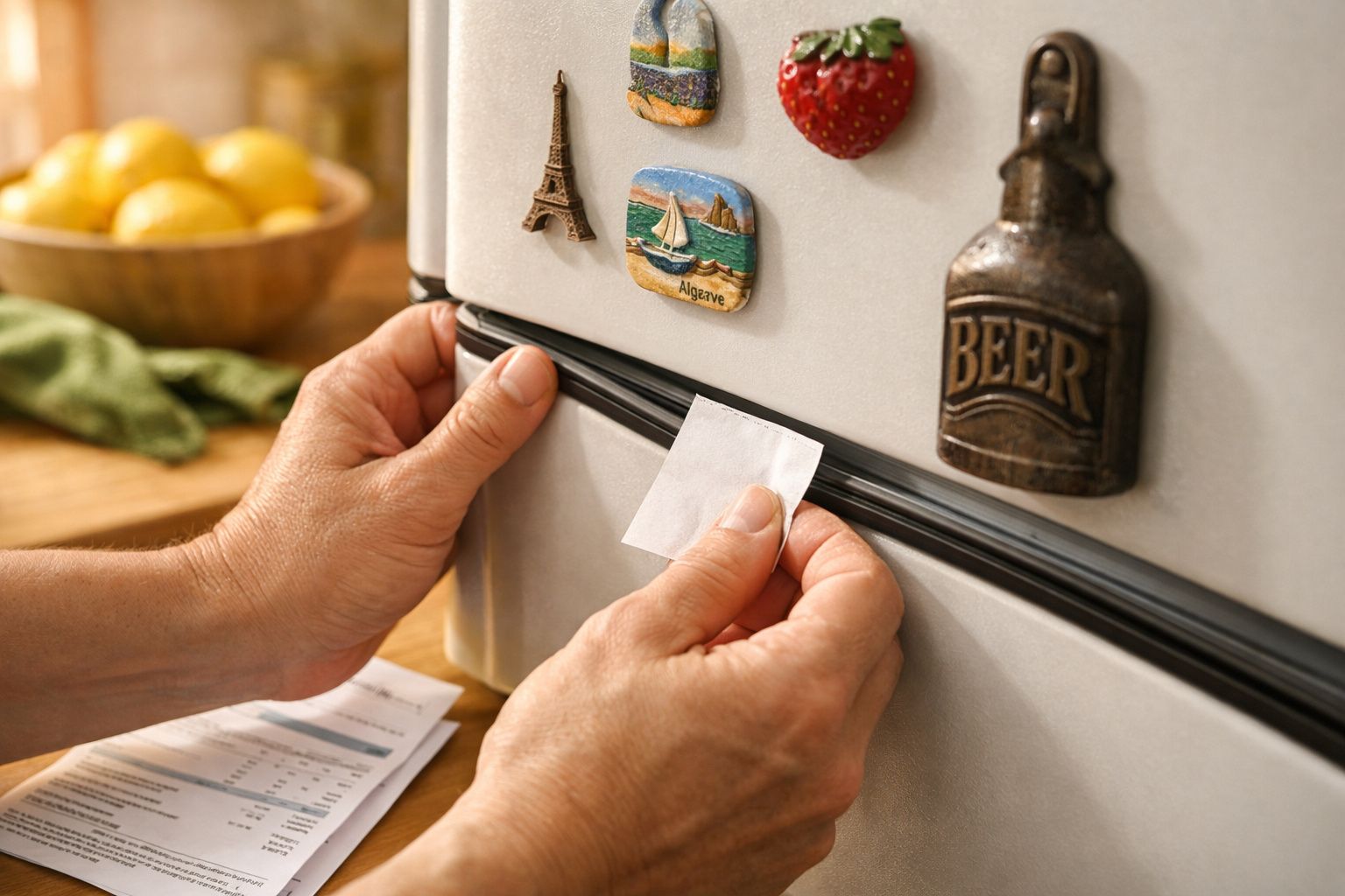Mulher coloca nota de papel no frigorífico com lista de compras e desenhos presos com ímanes.