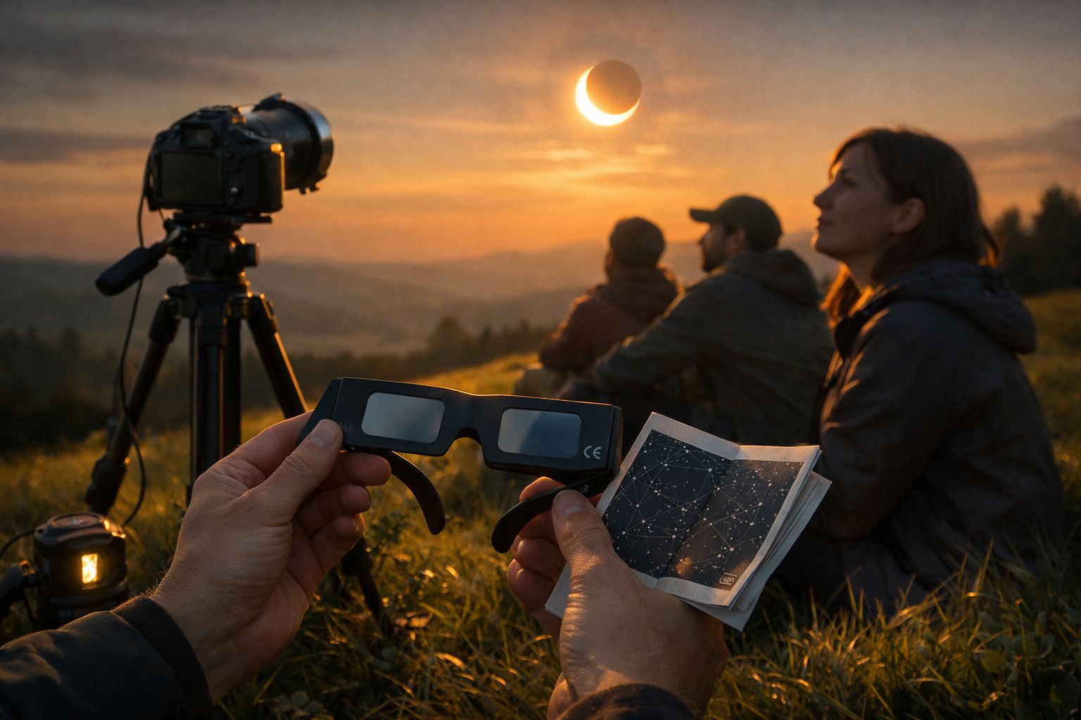 Criança observa eclipse solar com óculos especiais, ao lado de uma câmara e um cronómetro num campo ao pôr do sol.