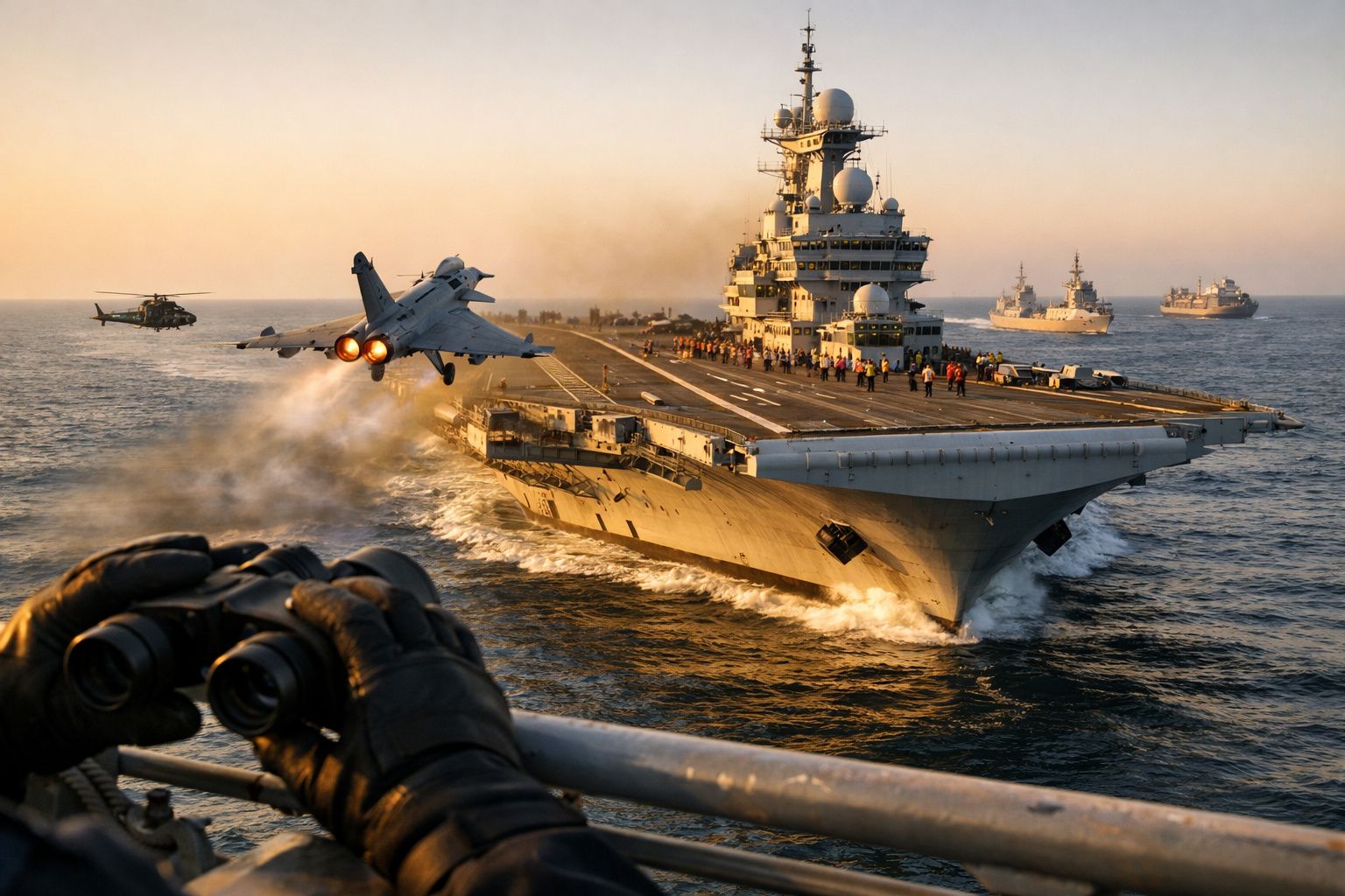 Porta-aviões no mar com jato a decolar e navios ao fundo durante o pôr do sol.