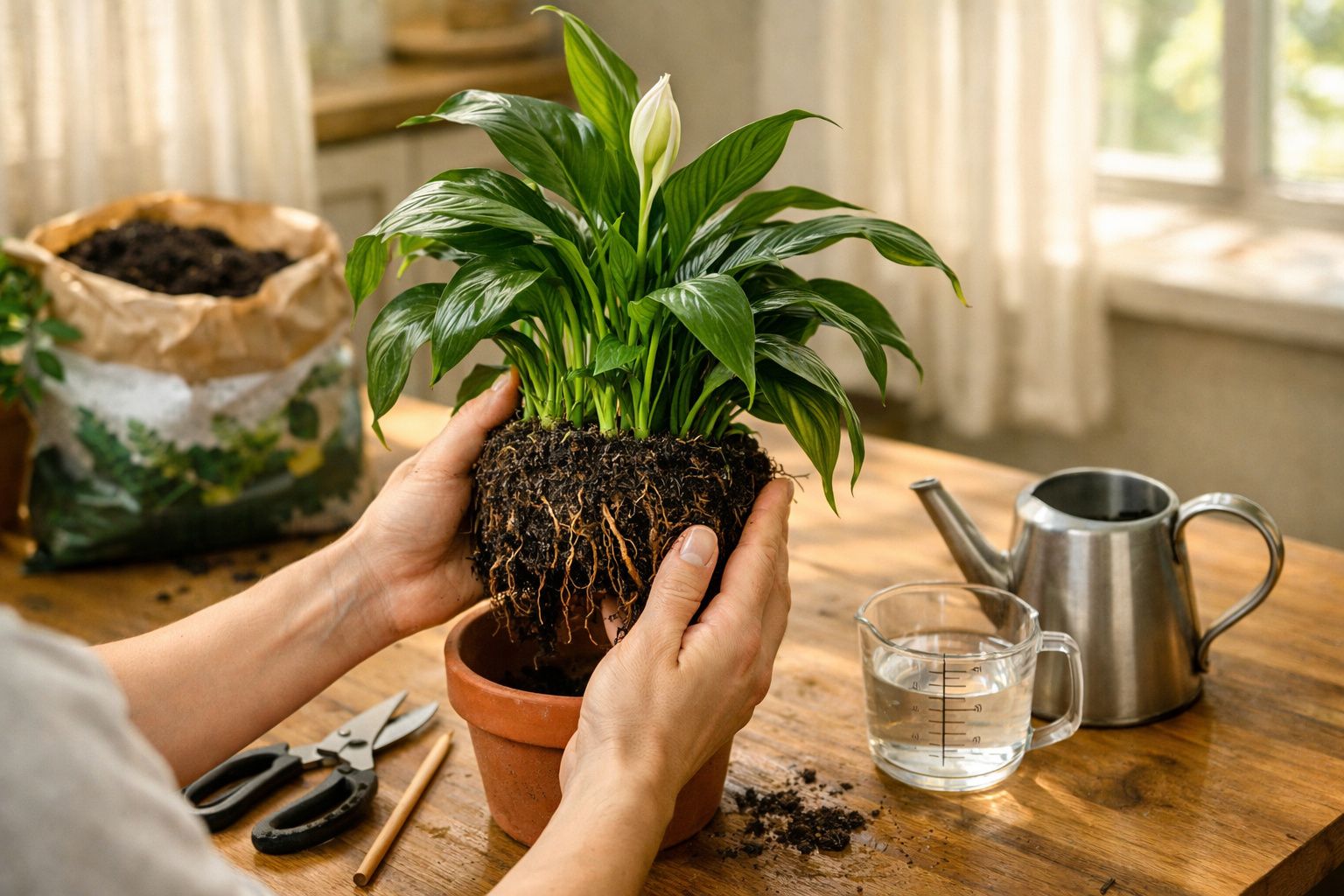 Mãos plantam lírio-da-paz em vaso de barro; regador e jarro ao lado.