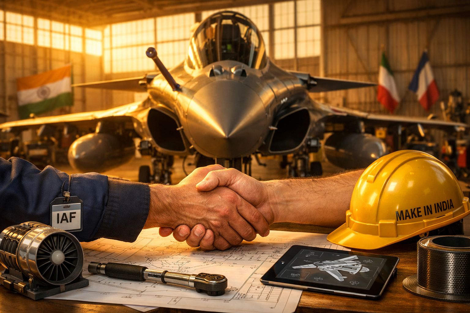 Dois homens apertam as mãos em hangar com avião e bandeiras da Índia e França ao fundo.